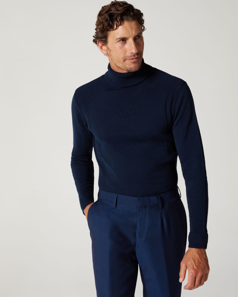 Navy Roll Neck Knit With Rib Detail